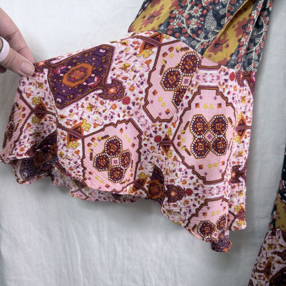 boho patchwork floral duster xl bell sleeve ruffle kimono cardigan pink navy rus - Picture 4 of 5